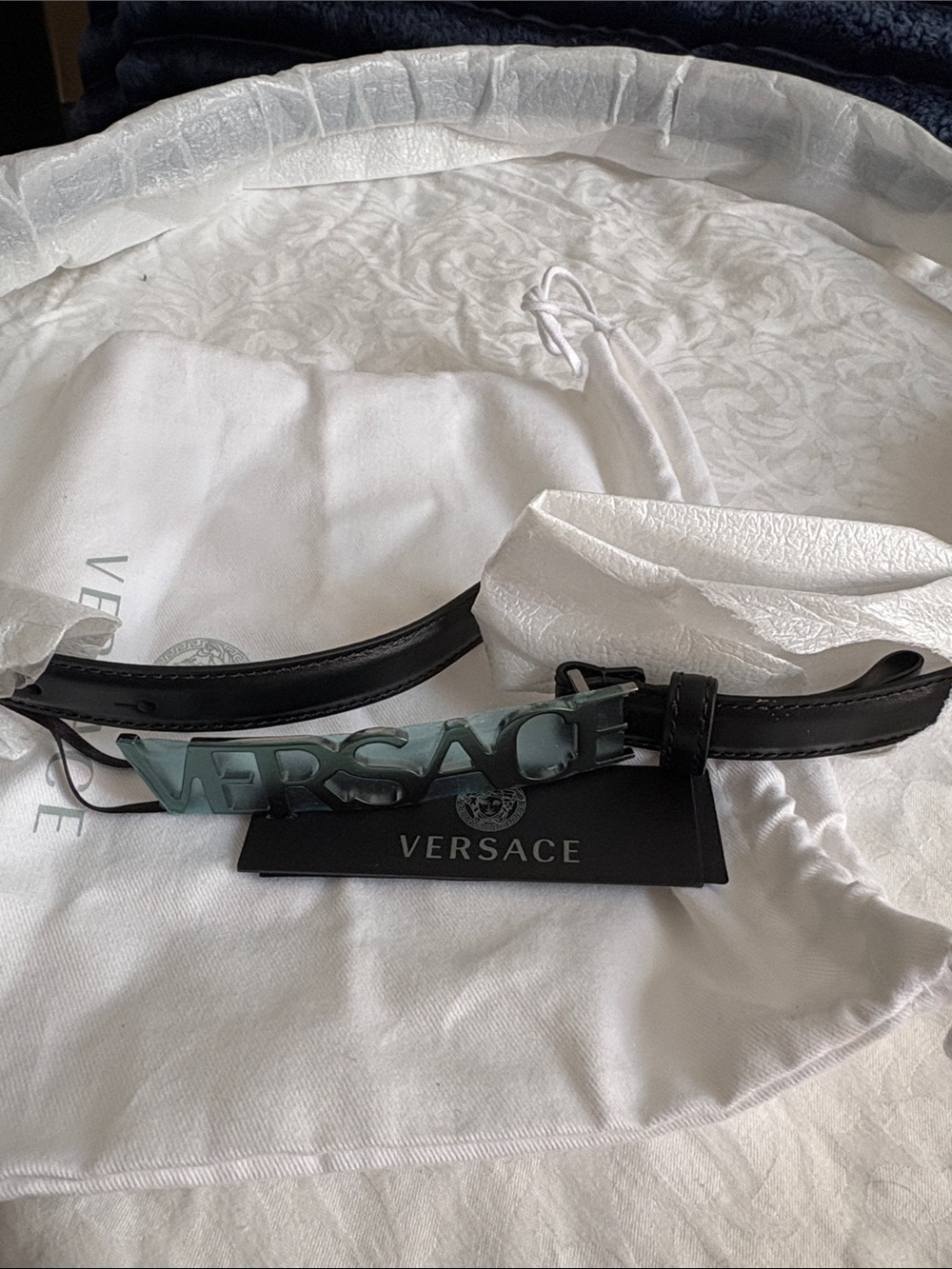 Versace Black Leather Belt with Translucent Logo Plaque